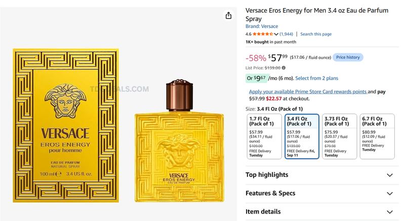 $58 Versace Eros Energy for Men 3.4 oz EDP