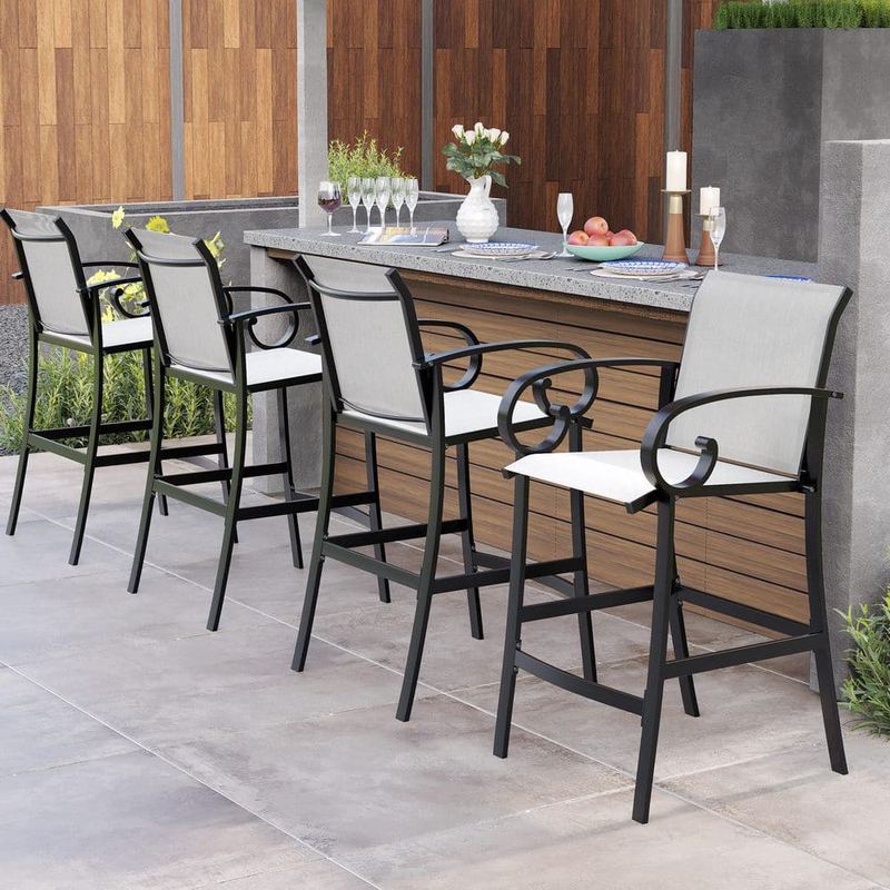 Pellebant - Black Aluminum Outdoor Leisure Sunbrella Outdoor Bar Stool in Augustine Oyster (Pack of 4)