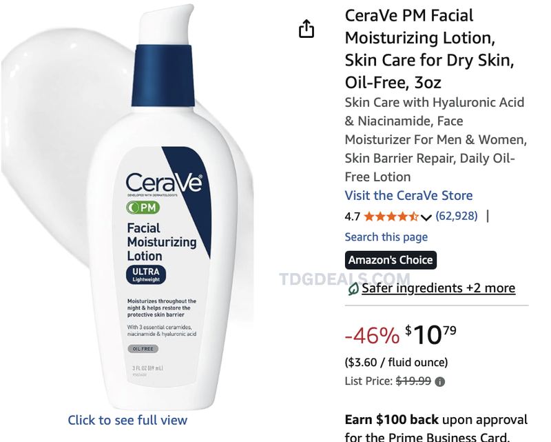$19.99 CERAVE PM FACIAL MOISTURIZING LOTION FOR $10.79