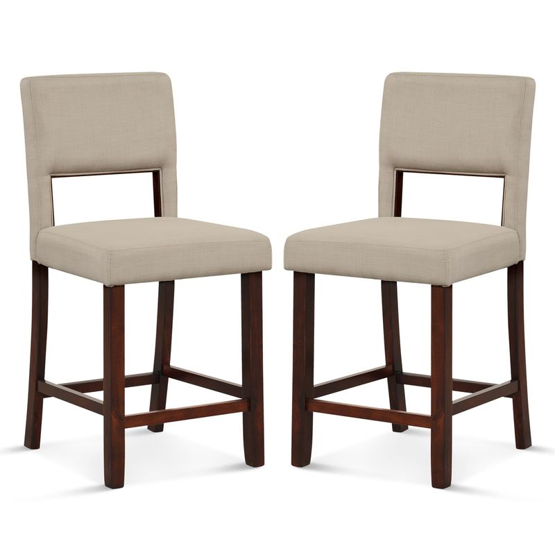 Costway - Set of 2 Upholstered Linen Bar Stools 24.5" Wooden Dining Chairs with Back - Beige/Brown