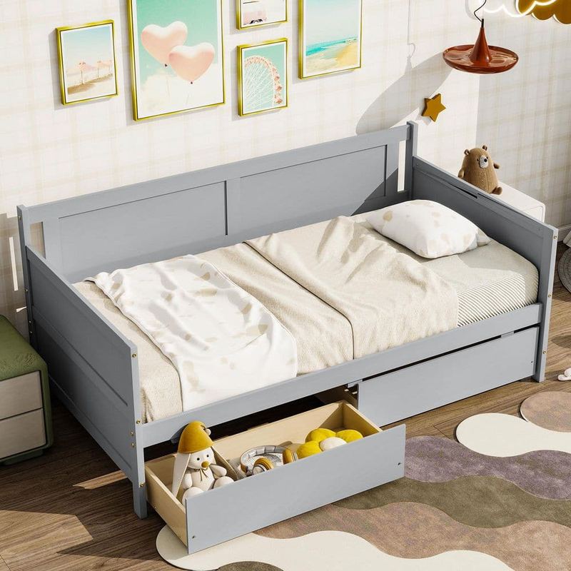 Harper & Bright Designs - Gray Twin Size Wood Daybed with 2 Drawers