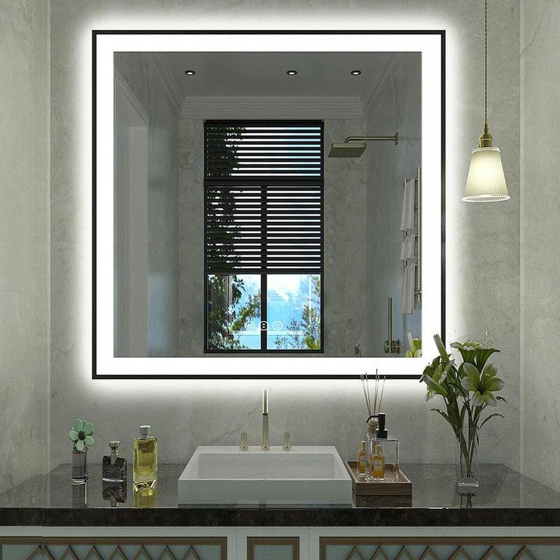 Apmir - 38 in. W x 38 in. H Square Space Aluminum Framed Dual Lights Anti-Fog Wall Bathroom Vanity Mirror in Tempered Glass
