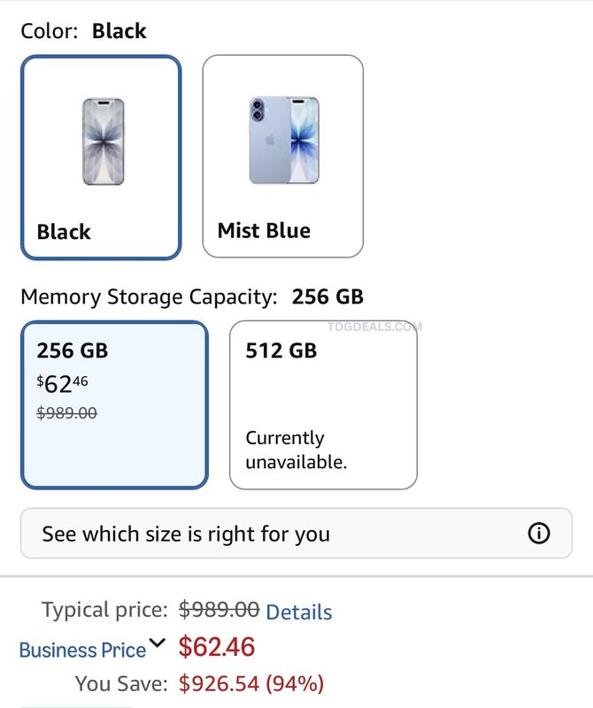 $989 Apple iPhone 17 256GB for $62.46