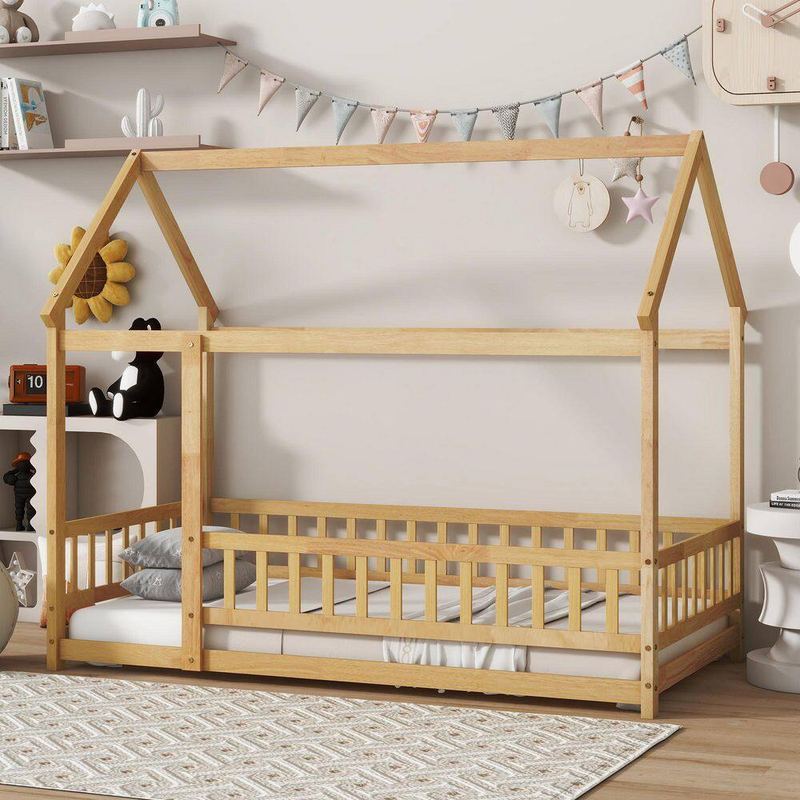 Polibi - Natural Twin Size Kids Bed with Roof Frame