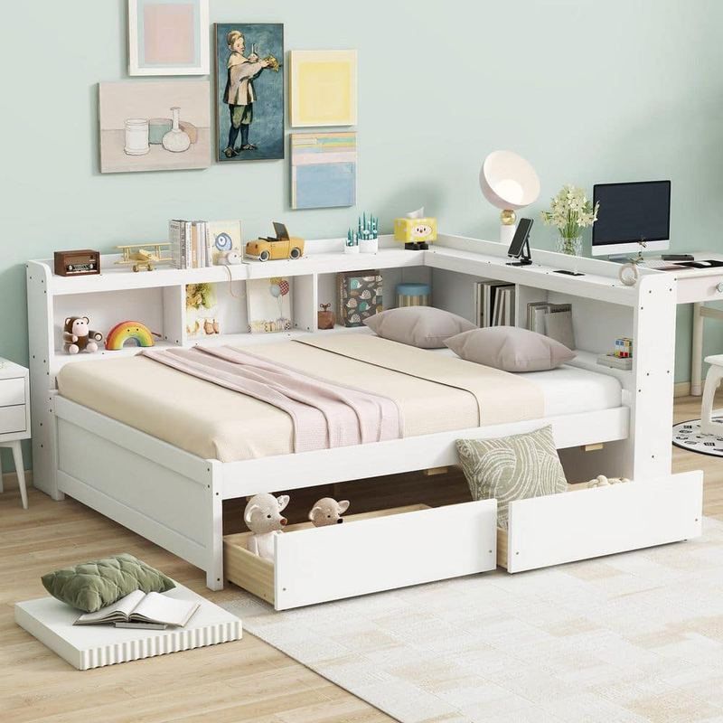 Nestfair - Whtie Full Size Daybed with 2 Drawers, Power Outlets, USB Charging Ports and Bookcases