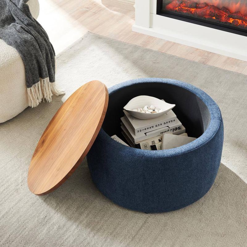 Harper & Bright Designs - Round Navy Blue Storage Handmade Ottoman End table