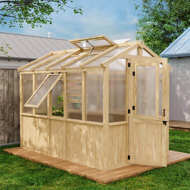 EAGLE PEAK - 6.7 ft. W x 9.7 ft. D x 7.7 ft. H Wood Greenhouse with Double-Wall Poly Windows, with Automatic Roof Vent
