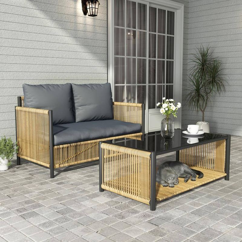Nestfair - 2-Piece PE Wicker Patio Conversation Sofa Set with Gray Cushions and Coffee Table