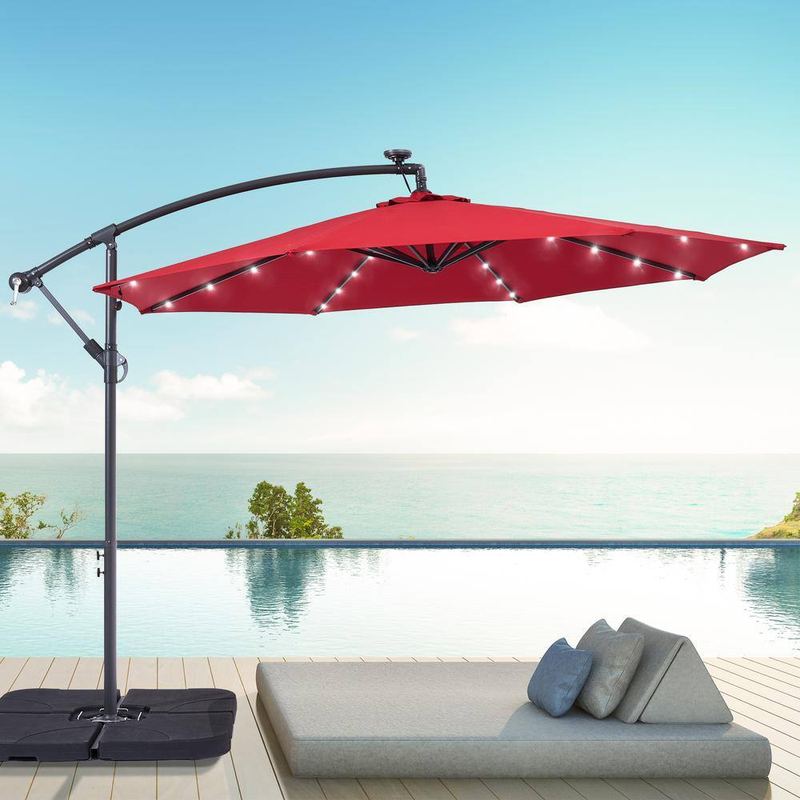 Sonkuki - 10 ft. Round Outdoor Patio Solar LED Lighted Cantilever Umbrella in Red