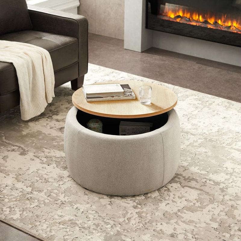 Harper & Bright Designs - Round Light Gray Storage Handmade Ottoman End table