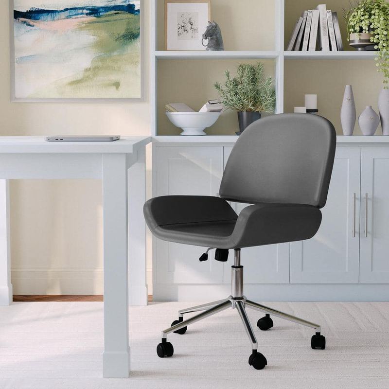 MARTHA STEWART - Tyla Faux Leather Cushioned with Wheels Office Chair in Gray Faux Leather/Polished Nickel
