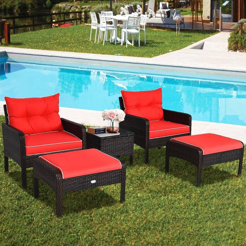 ANGELES HOME - 5-Piece Wicker PE Rattan Patio Conversation Set with Red Cushions