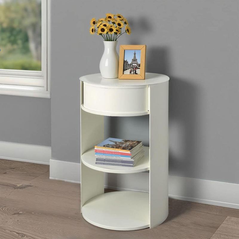 Seafuloy - 14.17 in. White Round Iron End Table, Side Table with Sliding Door Cabinet, Accent Table for Living Room or Bedroom