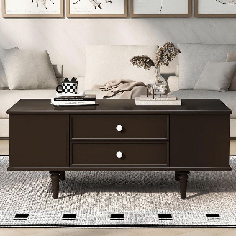 Polibi - 47.2 in. Brown Rectangle MDF Wood Coffee Table with Drawers, Two Side Hidden Storage Compartments and Solid Wood Legs