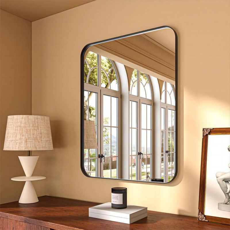 ORGANNICE - 28 in. W x 36 in. H Rectangular Aluminum Framed Modern Black Rounded Wall Mirror