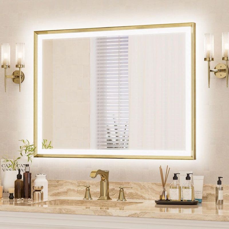 ACEGOSES - 40 in. W x 30 in. H Dimmable LED Anti-Fog Modern Aluminum  Bathroom Vanity Mirror with Memory Function, Brushed Gold