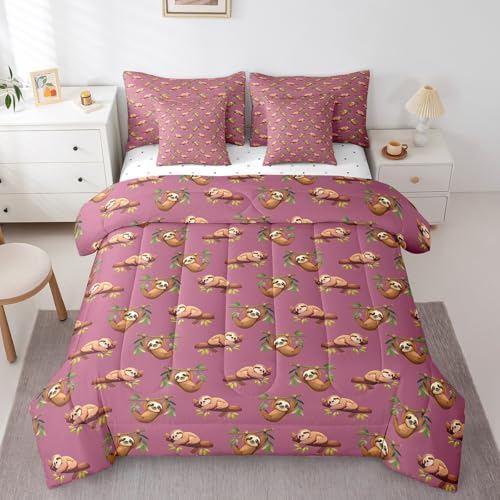Erosebridal Sloths Bed in A Bag Full Comforter Set 7 Piece,Leaves and Brown Sloths Wildlife Bedding Sets for Kids Boys Girls Cartoon Wild Animal Sheet Set with Comforter,Brown Green Pink