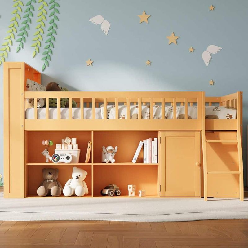 Polibi - Natural Queen Wood Loft Bed with Storage, Headboard with LED Light