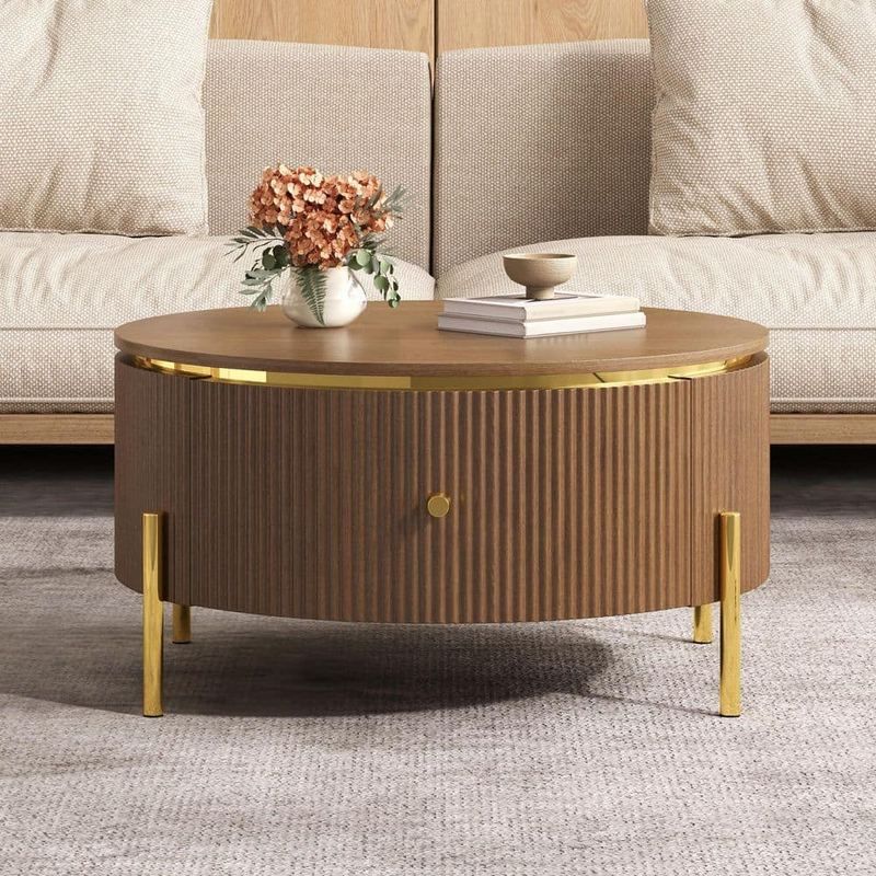 Polibi - 31.5 in. Brown Round MDF Wood Coffee Table with 2 large Drawers Storage