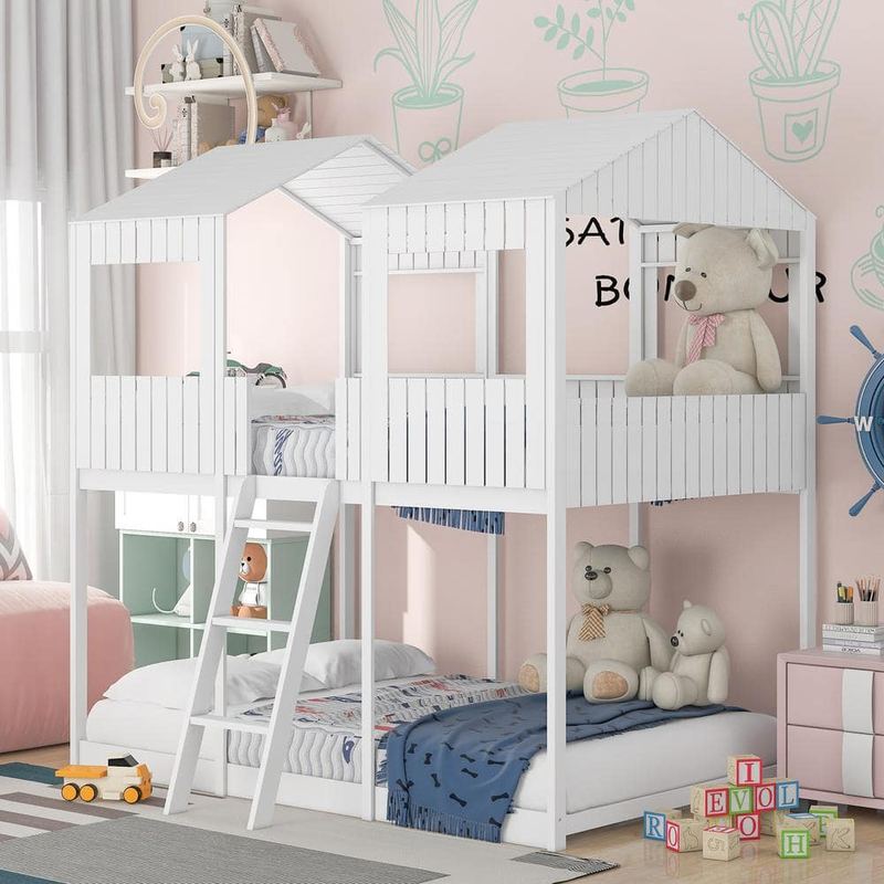 Harper & Bright Designs - White Full Over Full Wooden Bunk Bed with Roof, Window, Safety Guardrail, and Ladder