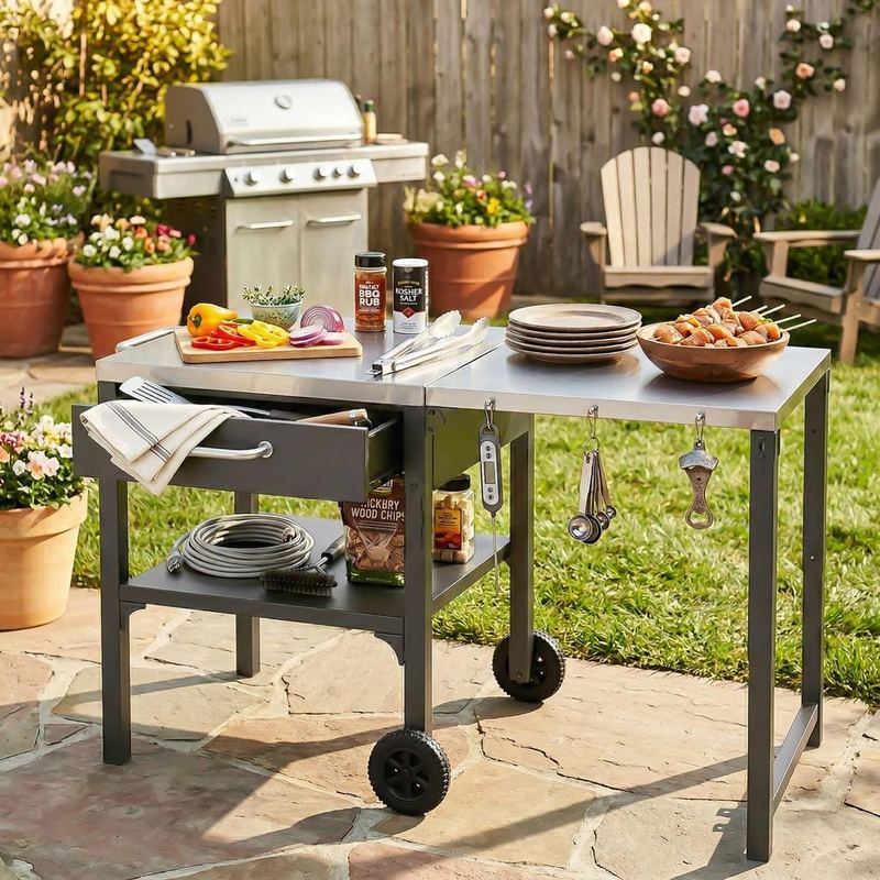 Polibi - Gray Stainless Steel Top Kitchen Cart with Foldable Top and Storage Space for Backyard