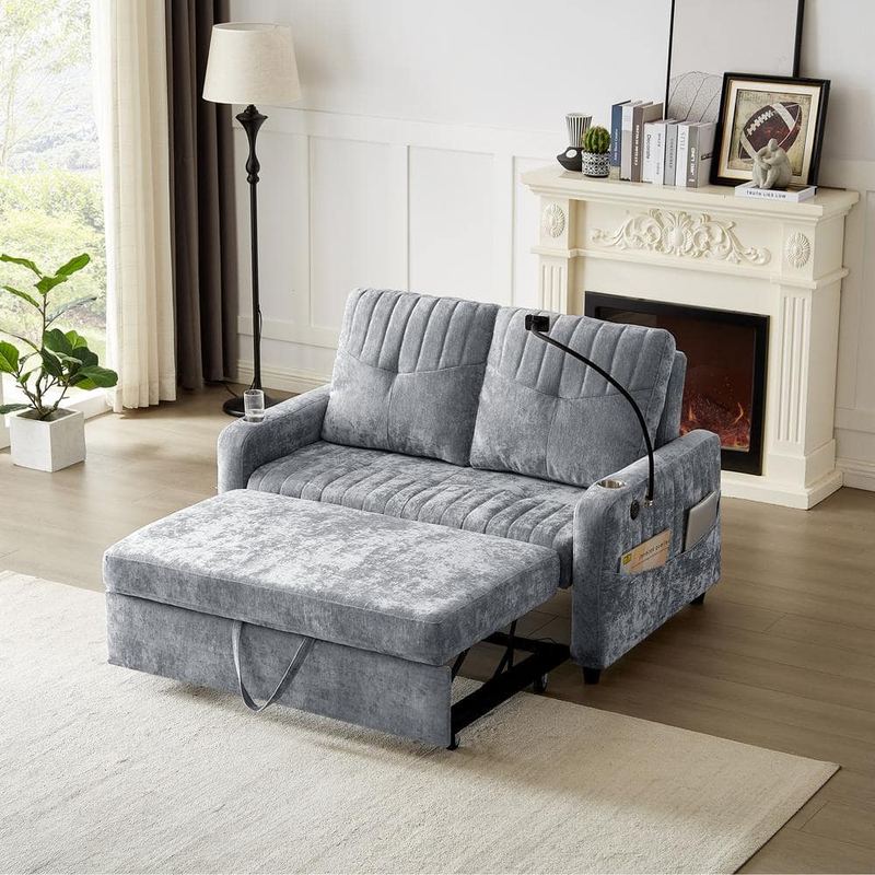 Nestfair - 53.9 in. Gray Chenille Pull Out Twin Size Sofa Bed with Adjustable Backrest, Two Cup Holders and Charging Ports