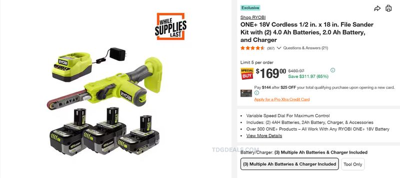 RYOBI ONE+ 18V FILE SANDER KIT — $169