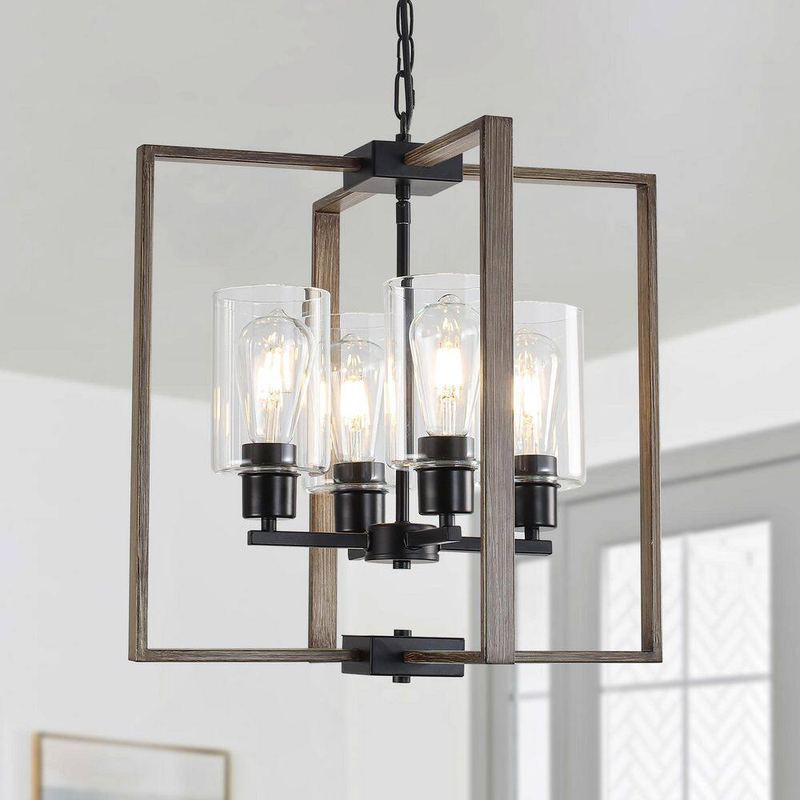 HLJYNJM - 4-Light Black and Imitation Wood Grain Farmhouse Geometric Chandelier with Glass Shade Pendant Light for Kitchen Island