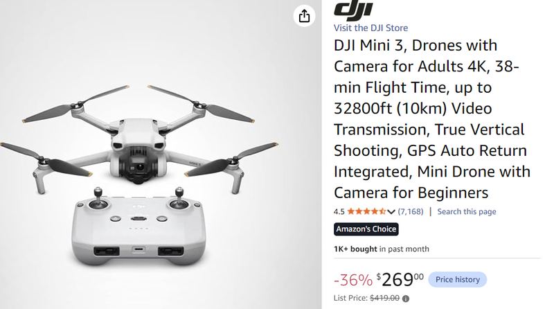 $419 - DJI Mini 3, Drones with Camera for Adults 4K