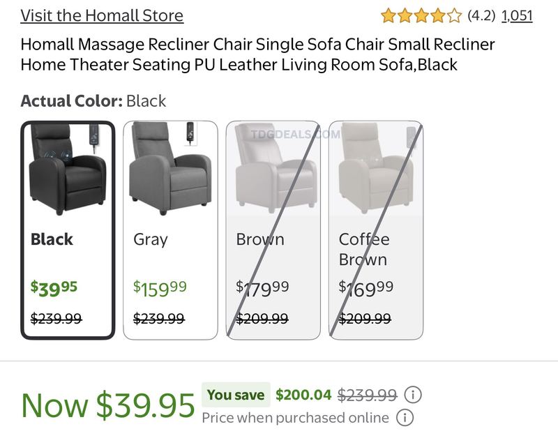 $39 HOMALL MASSAGE RECLINER (WAS $240)