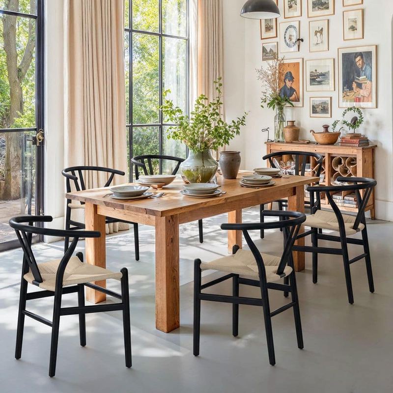 Corlekala - Wagner Black Solid Wood Wishbone Dining Chairs with Handcrafted Woven Seat Set of 6