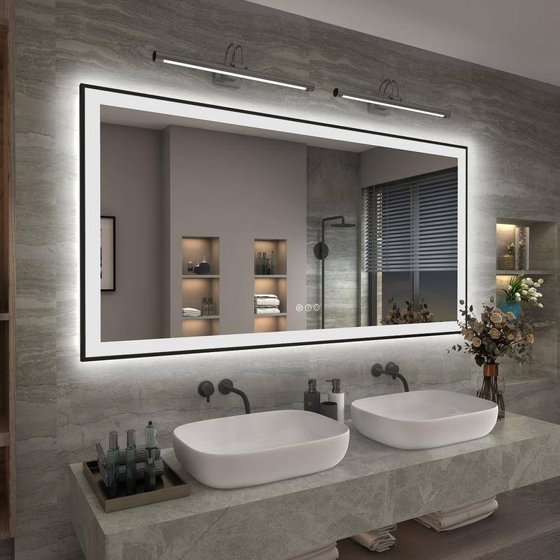 Apmir - 60 in. W x 30 in. H Rectangular Space Aluminum Framed Dual Lights Anti-Fog Wall Bathroom Vanity Mirror in Tempered Glass
