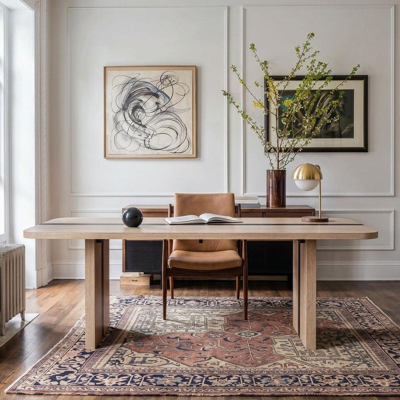 Homsee - 86.6 in. Rectangular Natural Wood Desk with Trestle Base, Black Accent Seats - 8, Wide Surface
