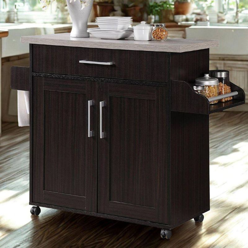 L'Baiet - Chocolate Wood Top 35 in. Wide Kitchen Island Cart with Utensil Drawer, Cabinet Storage, Spice Rack & Towel Holder