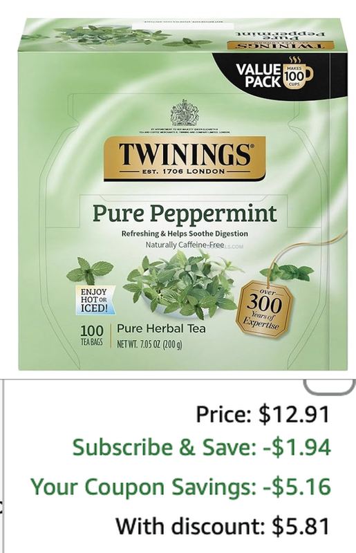 $16.99 TWININGS PURE PEPPERMINT HERBAL TEA NOW $5.81