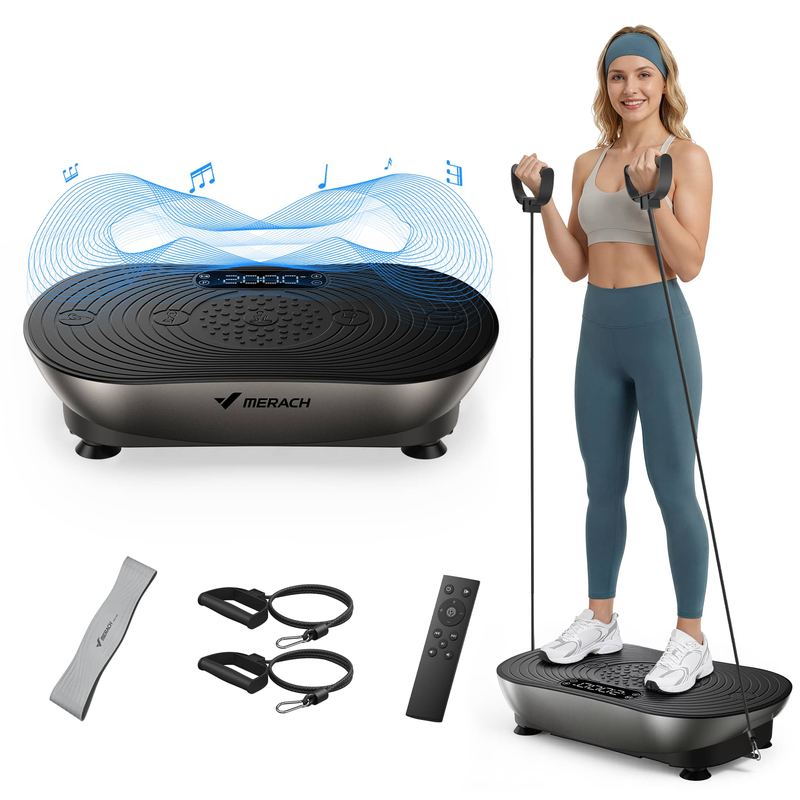 MERACH - Vibration Plate for Lymphatic Drainage Weight Loss Muscle Activation LED Touch Screen Bluetooth Pull Cord - Silver Black