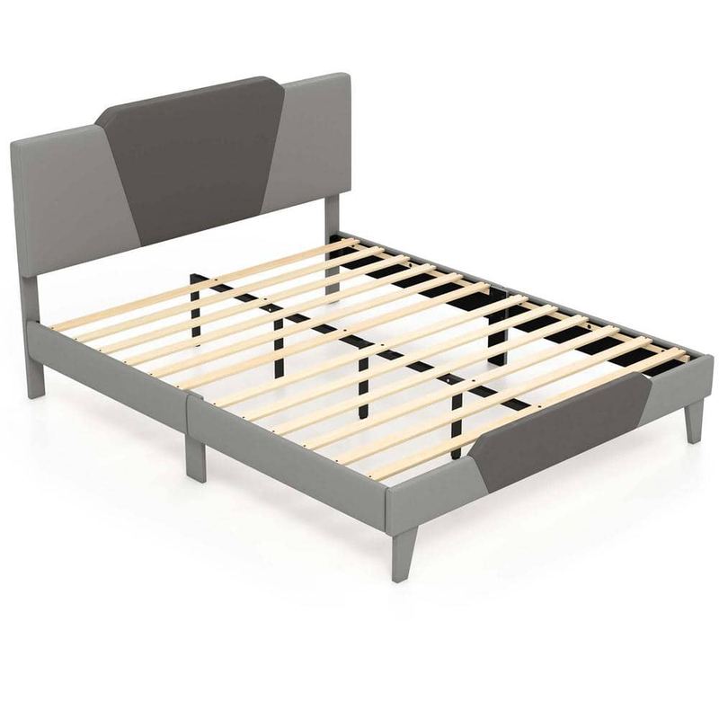 Costway - Black Metal Frame Queen Size Upholstered Platform Bed with Velvet Headboard Mattress Foundation