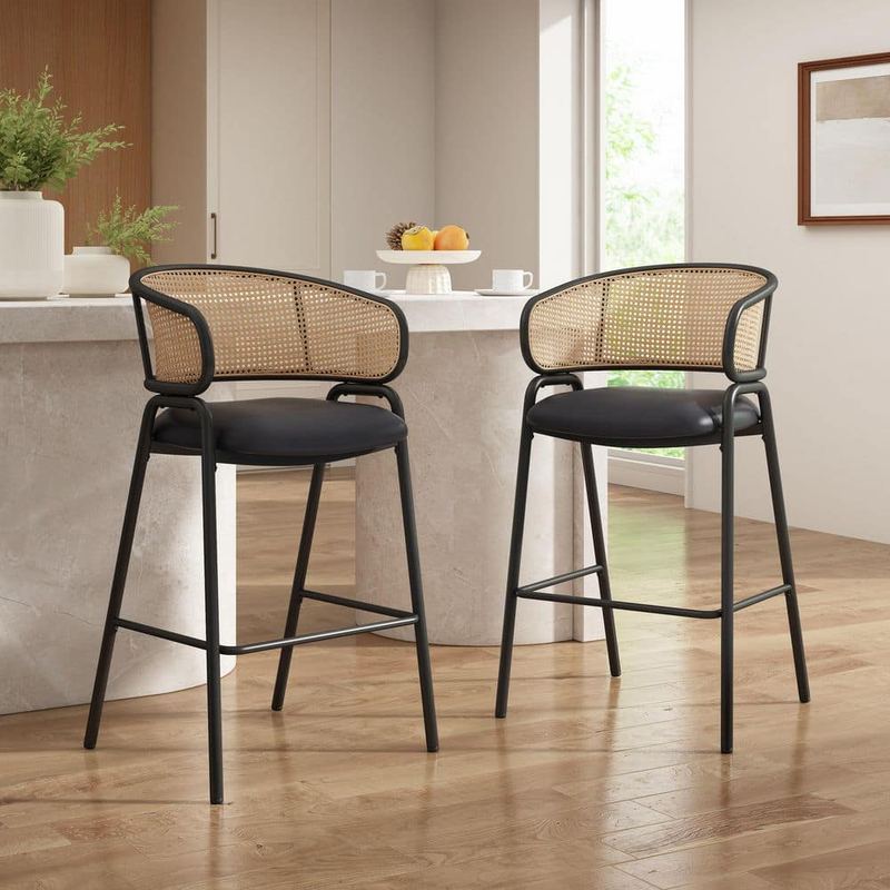 Polibi - 29.5 in. H Black Metal Bar Stool with PU Leather Seat Set of 2
