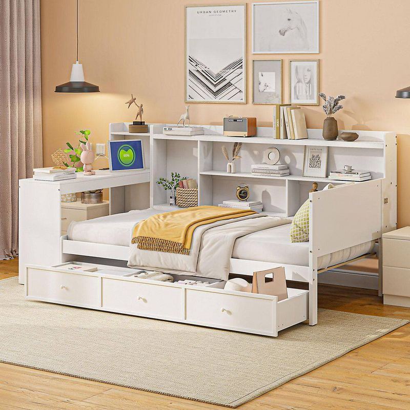 Nestfair - White Twin Size Wooden Daybed with USB Ports, 3 Drawers and Desk