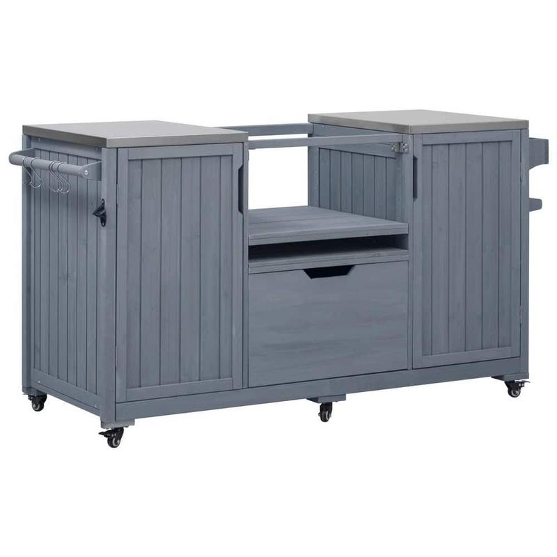 Nestfair - Wood 23 in. W x 66.5 in. L x 34.3 in. H Outdoor Kitchen Cabinet in Grey Blue with Stainless Steel Top and 6 Wheels