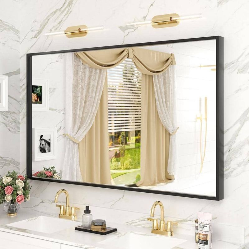 Apmir - 48 in. W x 32 in. H Rectangular Aluminum Alloy Framed and Tempered Glass Wall Bathroom Vanity Mirror in Matte Black