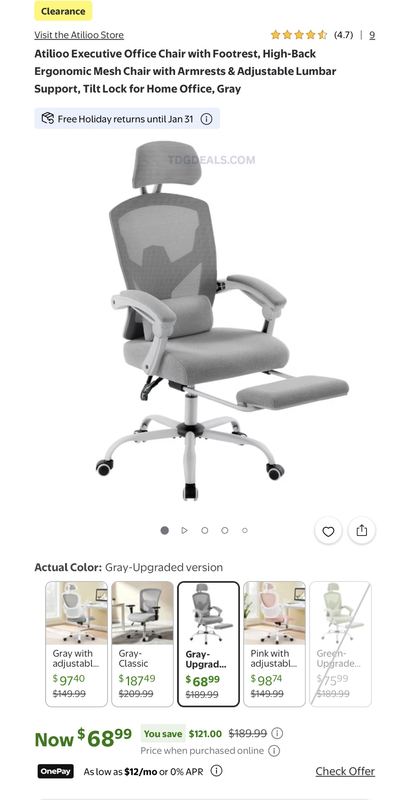 $189.99 ATILIOO EXECUTIVE OFFICE CHAIR W/ FOOTREST FOR $68.99