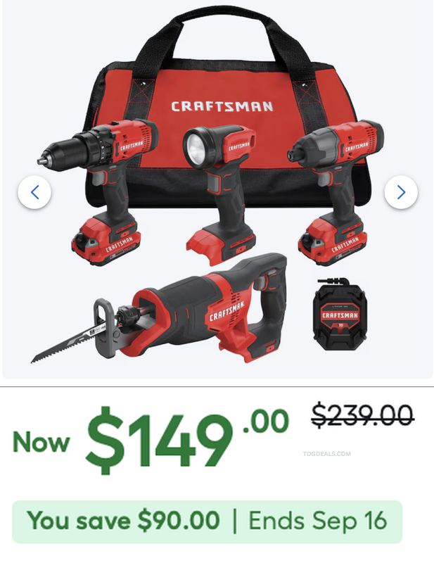$239 CRAFTSMAN V20 4-TOOL COMBO KIT FOR $149