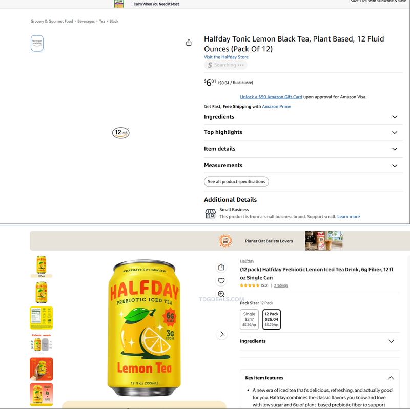 $26.04 Halfday Prebiotic Lemon Black Tea 12-Pack for $6.01