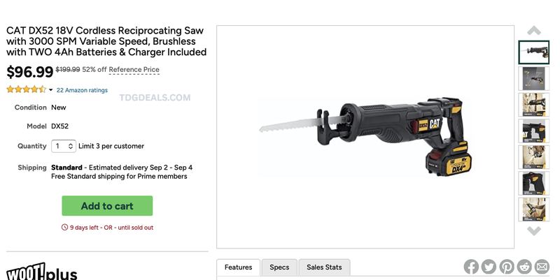 $199.99 CAT DX52 18V CORDLESS RECIPROCATING SAW NOW $96.99