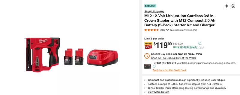 MILWAUKEE M12 CROWN STAPLER KIT — $119