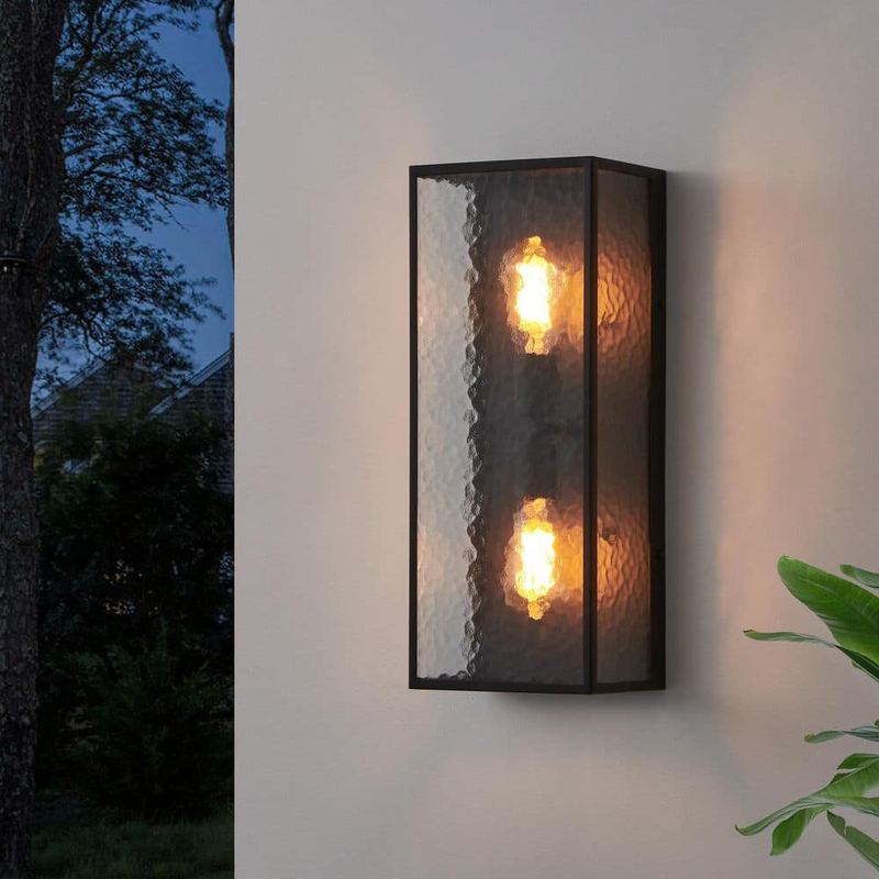 KAWOTI - 19.75 in. Black Outdoor Wall Sconces Light with Stone Pattern Glass Shades