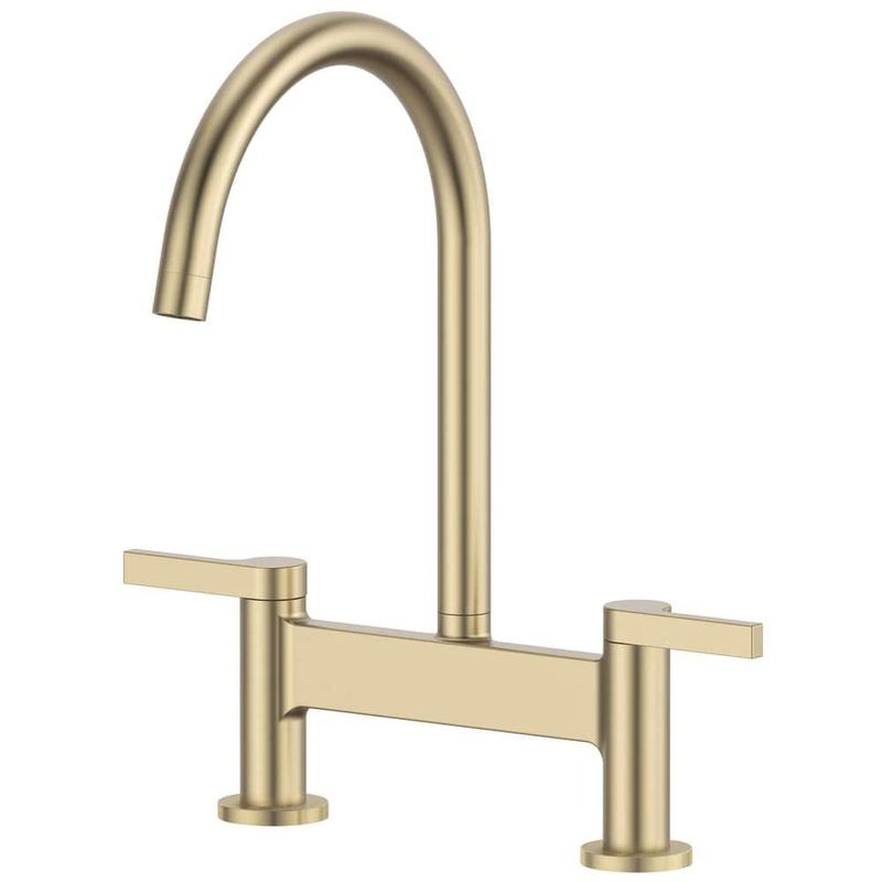 BWE - Modern Double-Handle 2-Hole Bridge Kitchen Faucet with 360° Swivel Spout in Brushed Gold