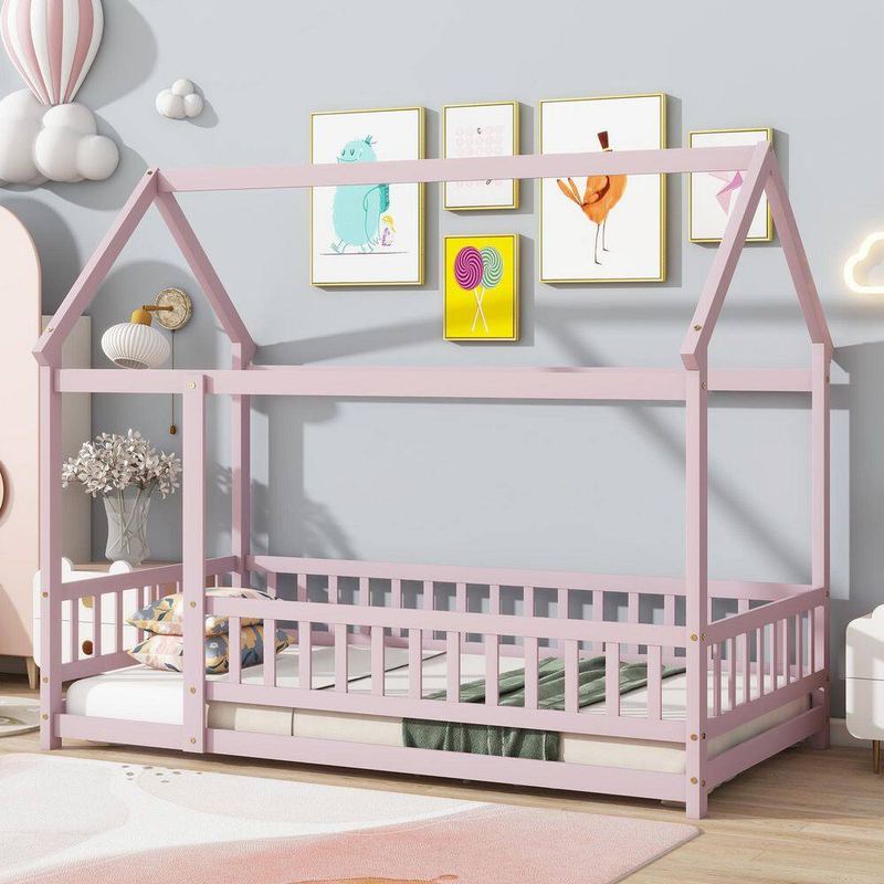 Polibi - Pink Twin Size Kids Bed with Roof Frame