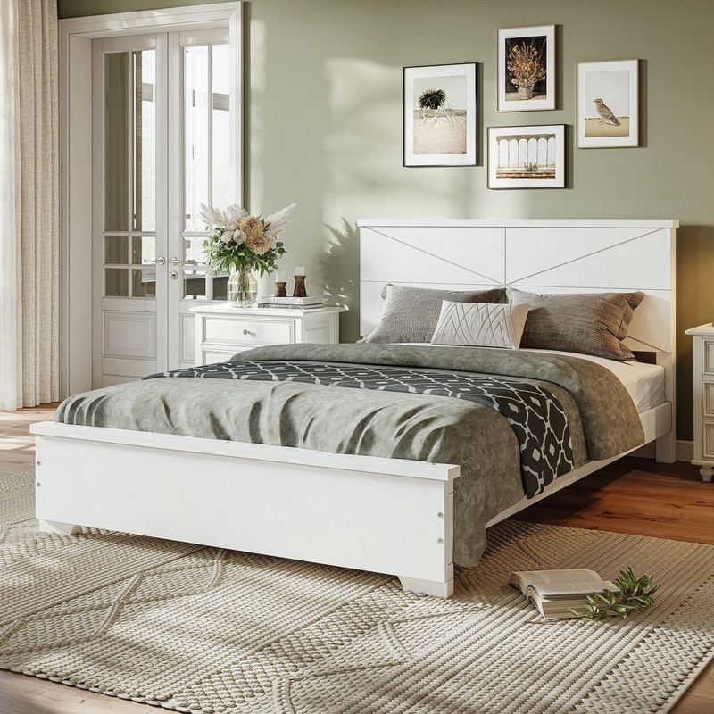 Polibi - White Bamboo Frame Full Size Platform Bed with Chic Design Headboard, Wood Slats Support